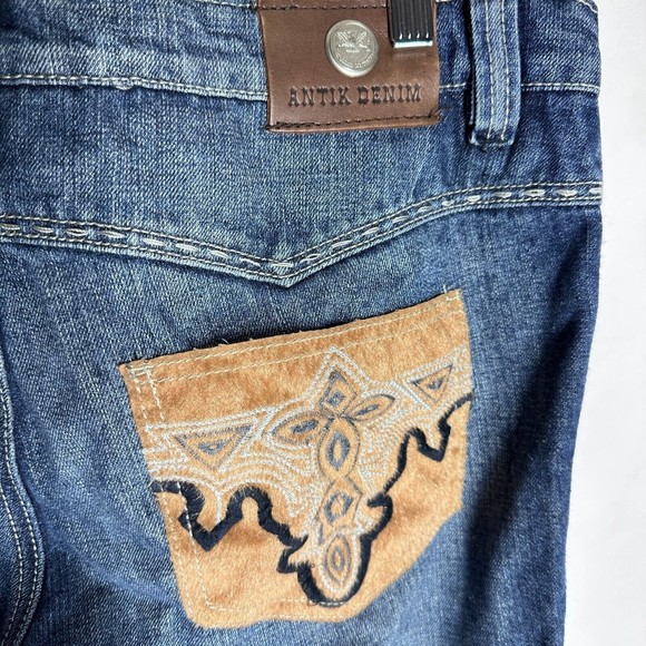 Antik Womens Denim Y2K Mid-Rise Blue Distress Patchwork  Cow Girl Jeans Size 32 - Picture 8 of 10